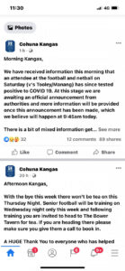 UPDATED Cohuna Kangas report that A POSITIVE COVID-19 case attended the CMFNL round six match at Cohuna last Saturday